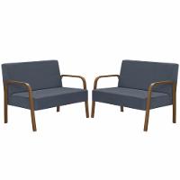 Kit 2 Poltrona 2 Lugares Jade Braço Madeira Azul Bic - 1