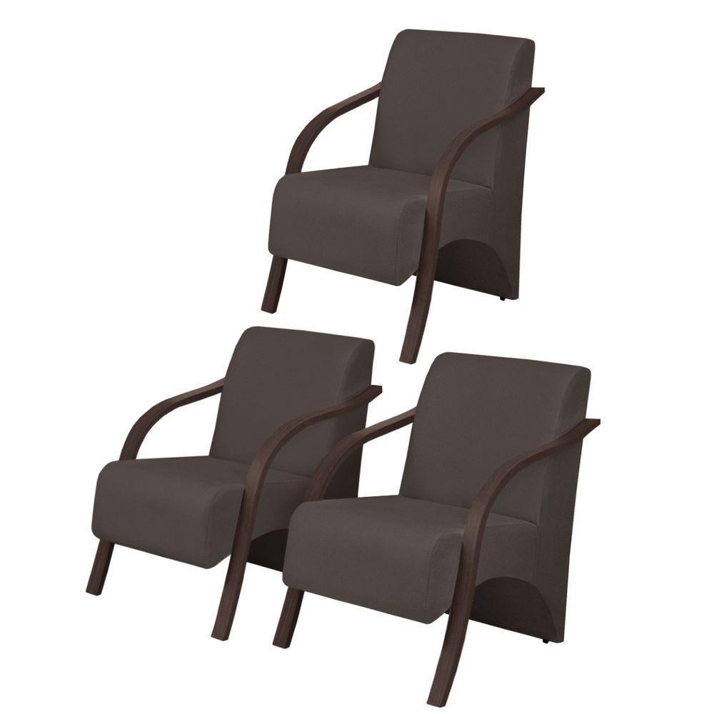 Kit 3 Poltronas Vênus 1 Lugar Braço Madeira Marrom - 1