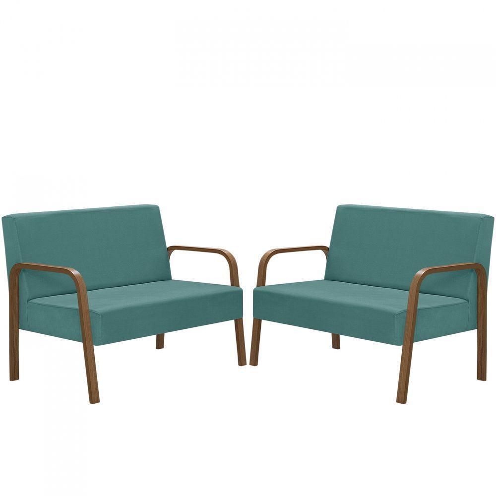 Kit 2 Poltrona 2 Lugares Jade Braço Madeira Turquesa - 1