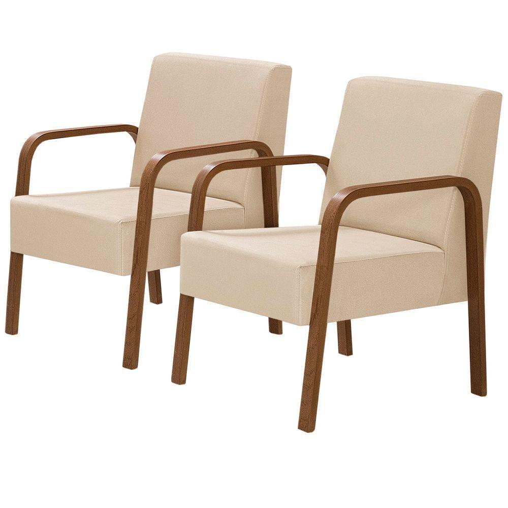 Kit 2 Poltronas 1 Lugar Jade Pé Madeira Suede Bege - 1