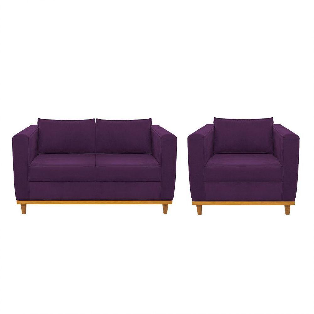 Kit Sofá 2 Lugares Poltrona Europa Suede Roxo - 1