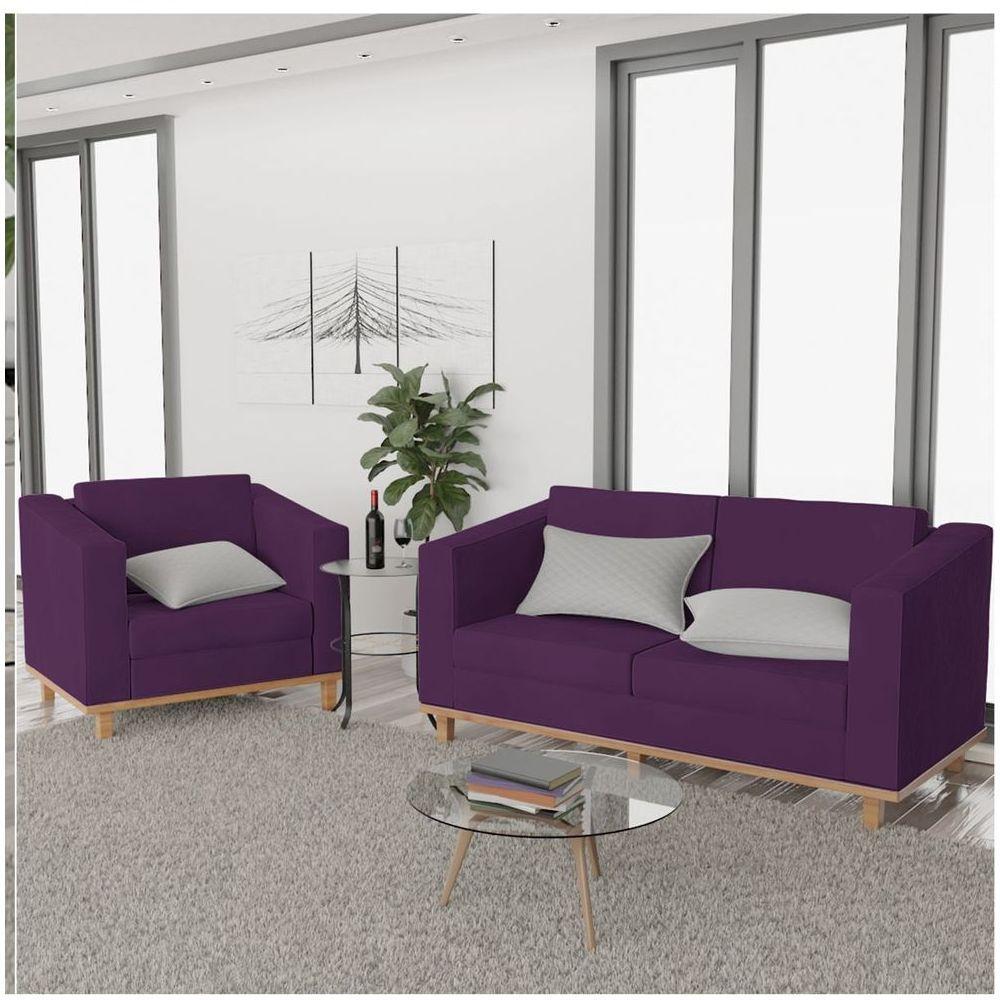 Kit Sofá 2 Lugares Poltrona Europa Suede Roxo - 6