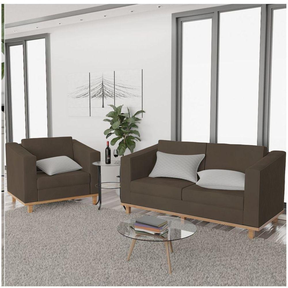Kit Sofá 2 Lugares Poltrona Europa Suede Marrom - 6