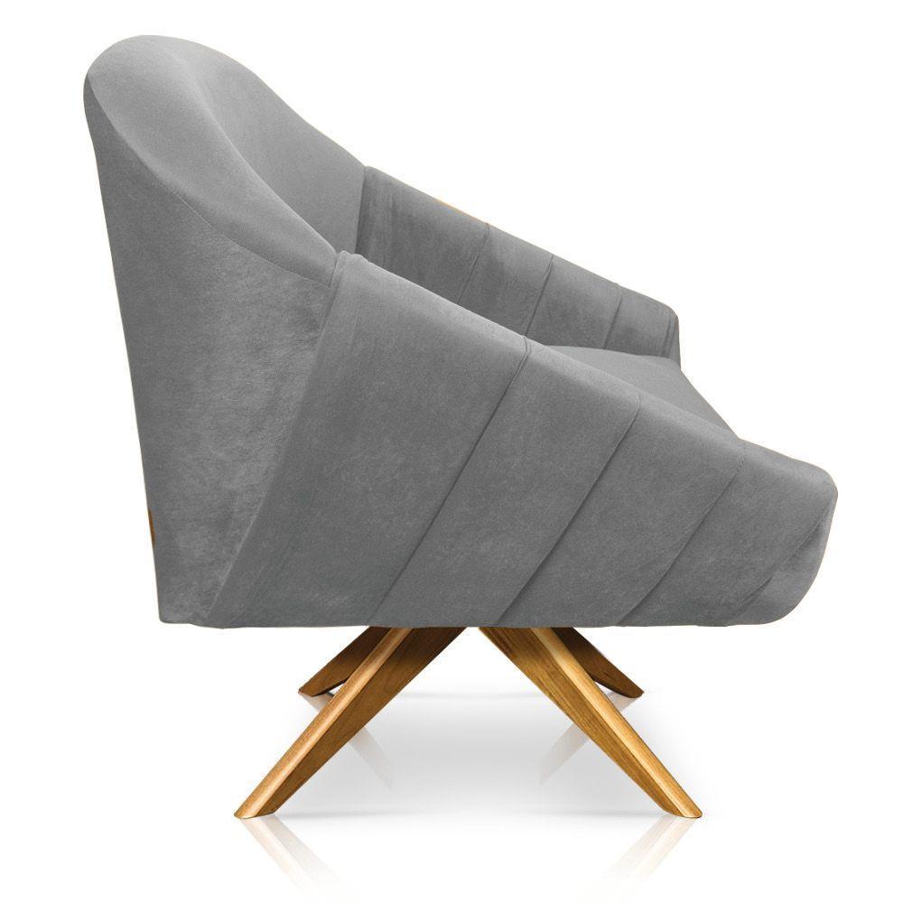 Poltrona Veludo Cinza Base Madeira - 5