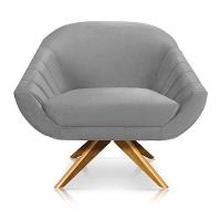 Poltrona Veludo Cinza Base Madeira - 1