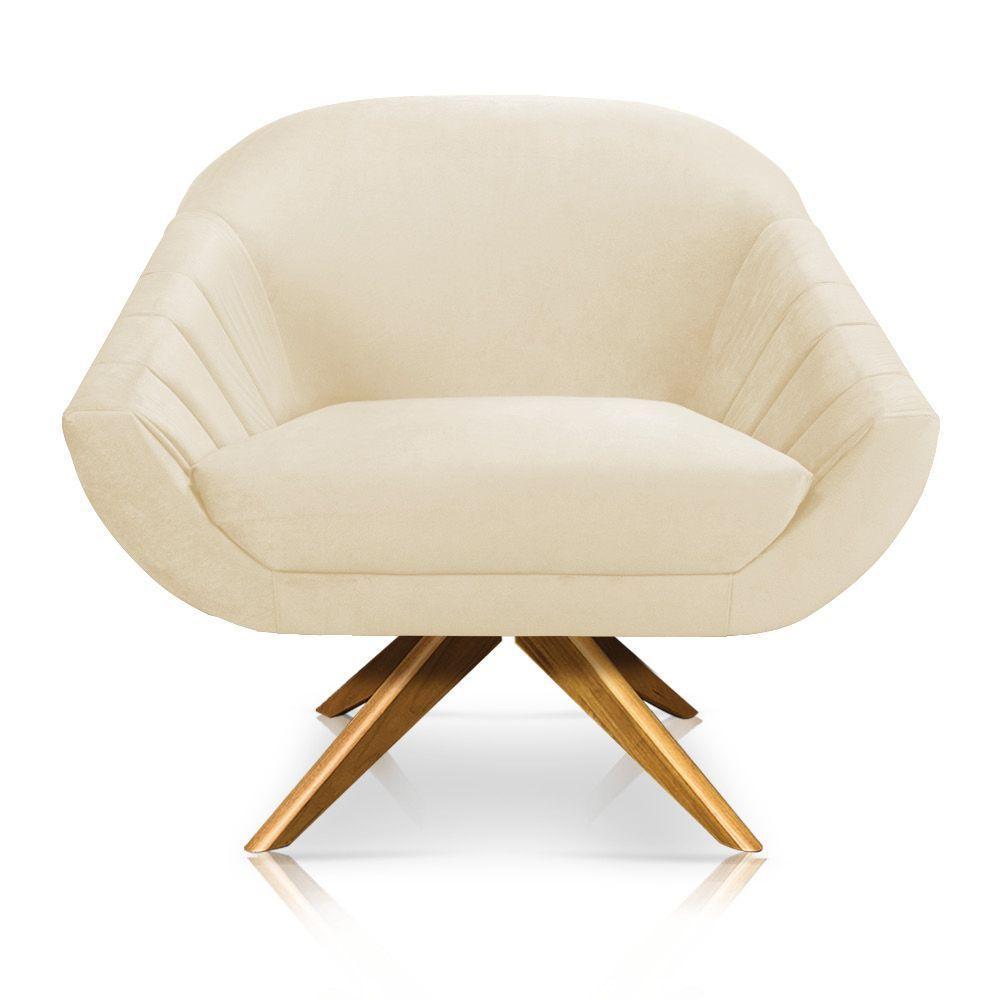 Poltrona Veludo Bege Base Madeira - 1