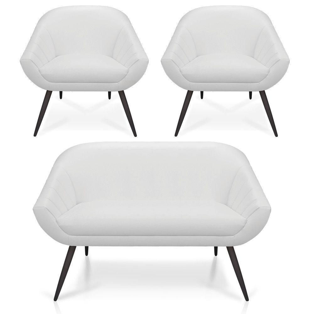 Kit 01 Namoradeira 02 Lugares E 02 Poltronas Giovana Corino Branco Pés Palito De Ferro - 1