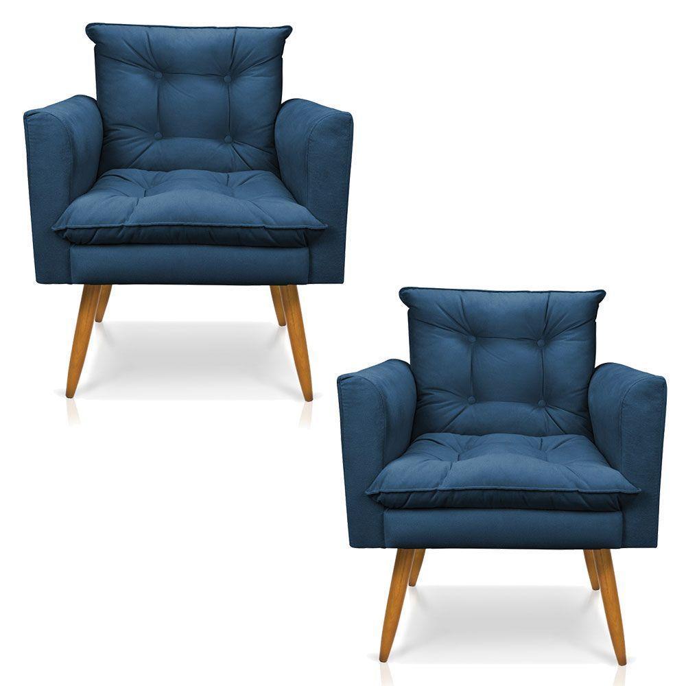 Kit 2 Poltronas Olivia Suede Pés Palito Castanho - Pallazio Cor Azul Marinho - 1