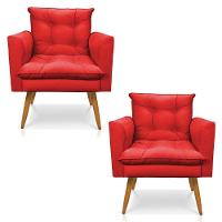 Kit 2 Poltronas Olivia Suede Vermelho Pés Palito Castanho - Pallazio - 1