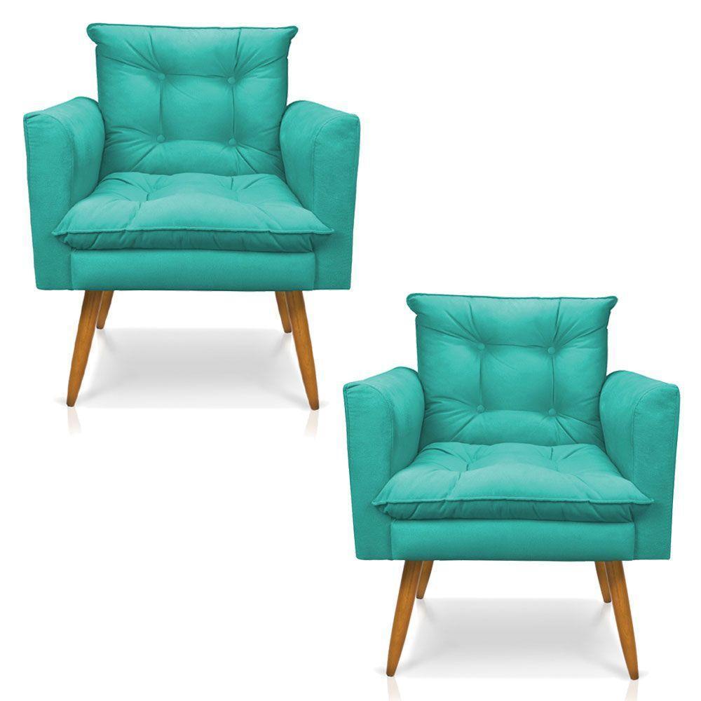 Kit 2 Poltronas Olivia Suede Pés Palito Castanho - Pallazio Cor Azul Turquesa - 1