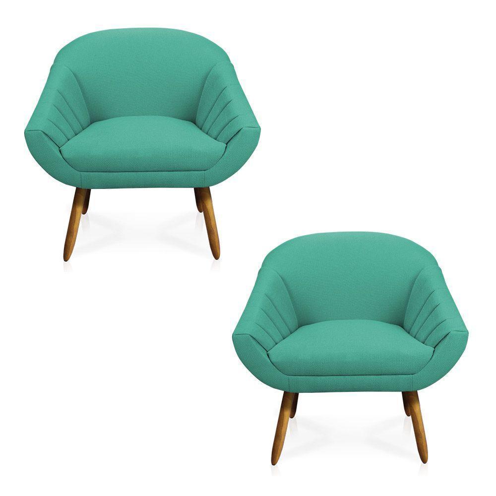 Kit 02 Poltronas Giovana Linho Pés Palito Castanho A115 Azul Pavão - 1