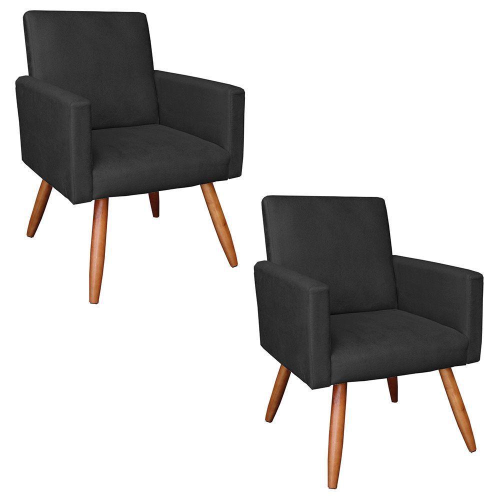 Kit 2 Poltronas Nina Suede Preto Pés Palito Castanho - Pallazio - 1