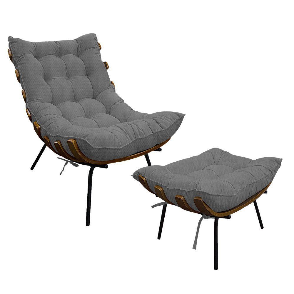 Kit Poltrona E Puff Costela Base Fixa Linho - 1