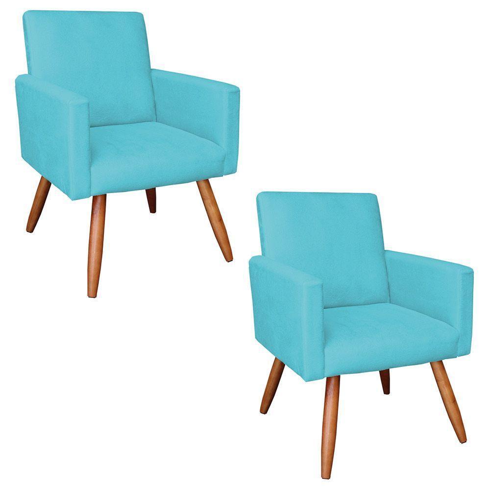 Kit 2 Poltronas Nina Suede Pés Palito Castanho - Pallazio Cor Azul Turquesa - 1