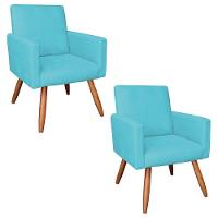 Kit 2 Poltronas Nina Suede Pés Palito Castanho - Pallazio Cor Azul Turquesa - 1