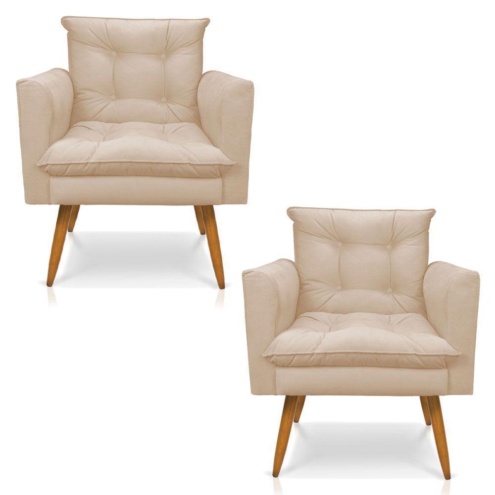 Kit 2 Poltronas Olivia Suede Pés Palito Castanho - Pallazio Cor Bege - 1
