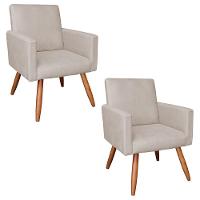 Kit 2 Poltronas Nina Suede Bege Pés Palito Castanho - Pallazio - 1