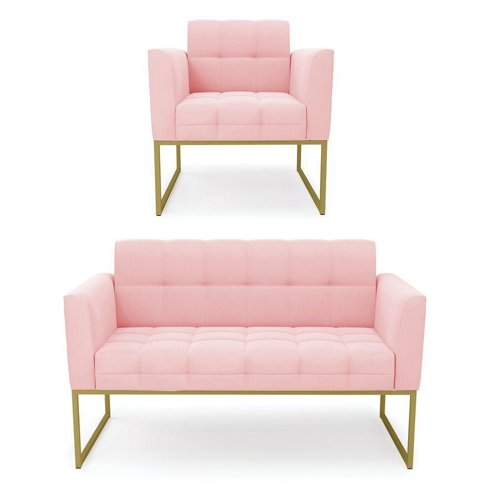 Kit 1 Sofá Namoradeira E 1 Poltrona Elisa Suede Rosa Bebê Base Metálica Industrial Dourada - D'rossi - 1