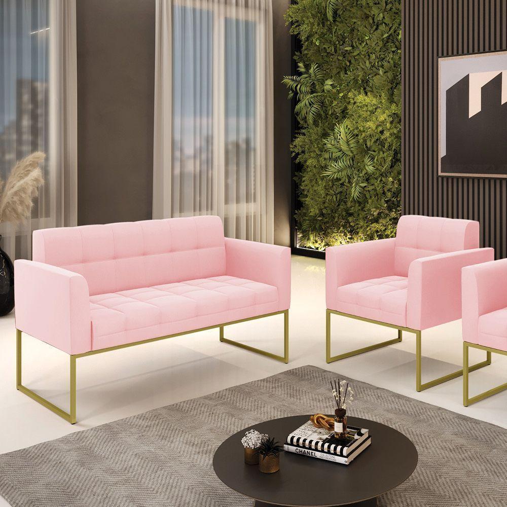 Kit 1 Sofá Namoradeira E 1 Poltrona Elisa Suede Rosa Bebê Base Metálica Industrial Dourada - D'rossi - 5