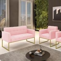 Kit 1 Sofá Namoradeira E 1 Poltrona Elisa Suede Rosa Bebê Base Metálica Industrial Dourada - D'rossi - 5