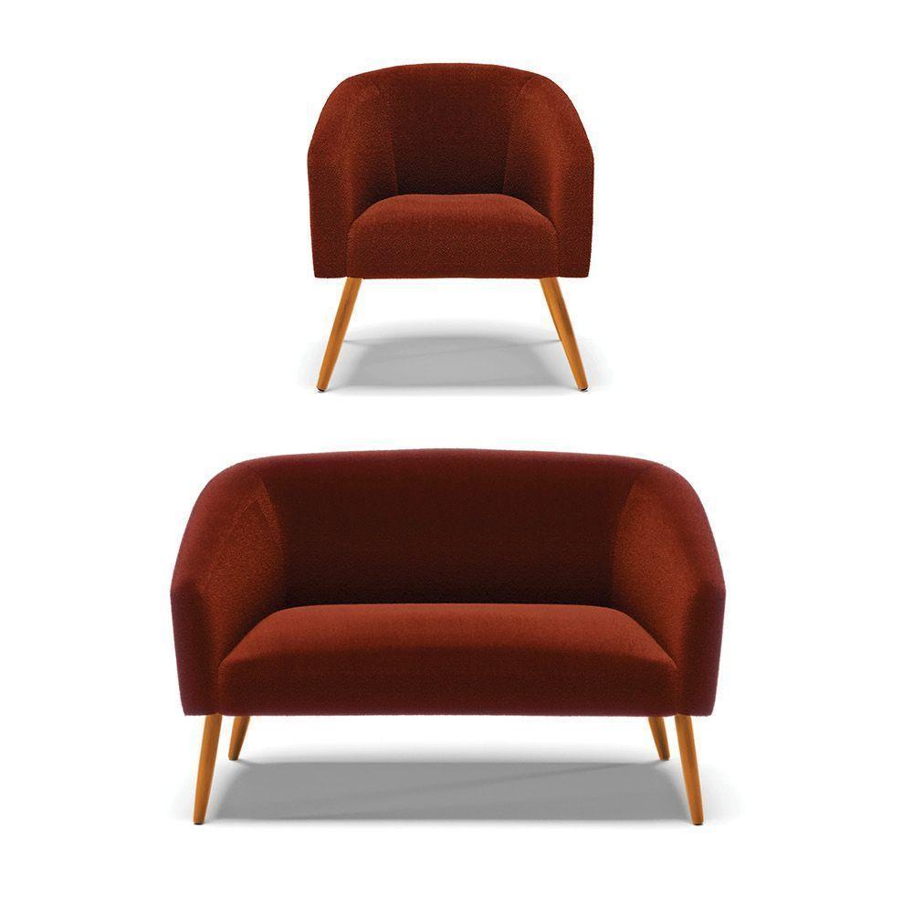 Kit 1 Sofá Namoradeira E 1 Poltrona Stella Bouclê Terra Pés Palito Castanho - D'rossi - 1