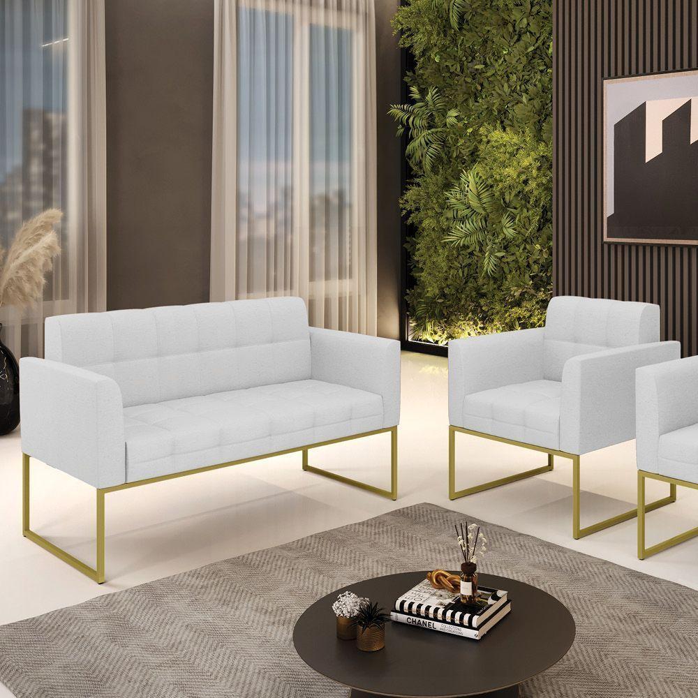 Kit 1 Sofá Namoradeira E 1 Poltrona Elisa Linho Base Metálica Industrial Dourada - Cor A05 Cinza - 7