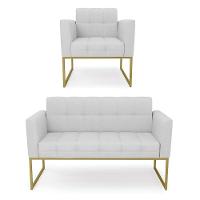 Kit 1 Sofá Namoradeira E 1 Poltrona Elisa Linho Base Metálica Industrial Dourada - Cor A05 Cinza - 1