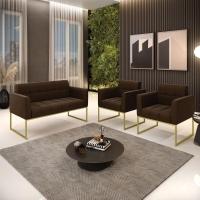 Kit 1 Sofá Namoradeira E 2 Poltronas Elisa Suede Base Metálica Industrial Dourada D'rossi Cor Marrom - 2