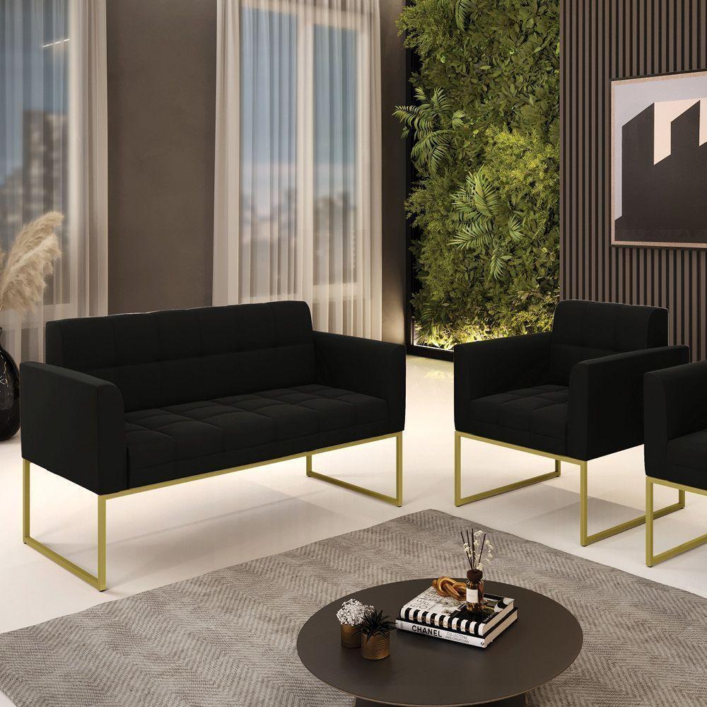 Kit 1 Sofá Namoradeira E 1 Poltrona Elisa Suede Preto Base Metálica Industrial Dourada - D'rossi - 3