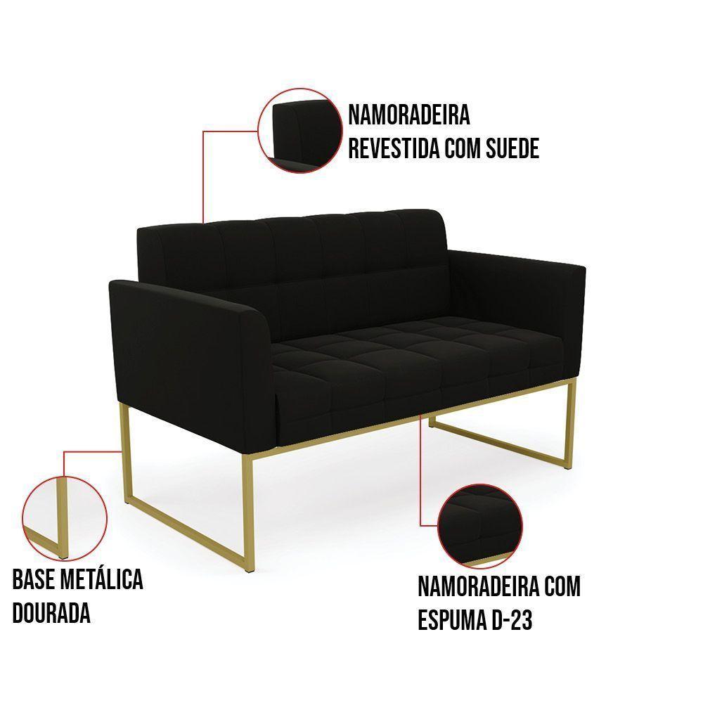 Kit 1 Sofá Namoradeira E 1 Poltrona Elisa Suede Preto Base Metálica Industrial Dourada - D'rossi - 6