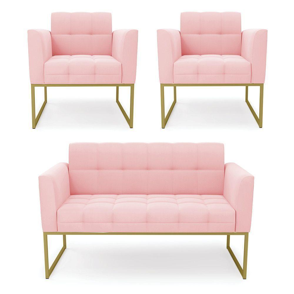 Kit 1 Sofá Namoradeira E 2 Poltronas Elisa Suede Rosa Bebê Base Metálica Industrial Dourada D'rossi - 1