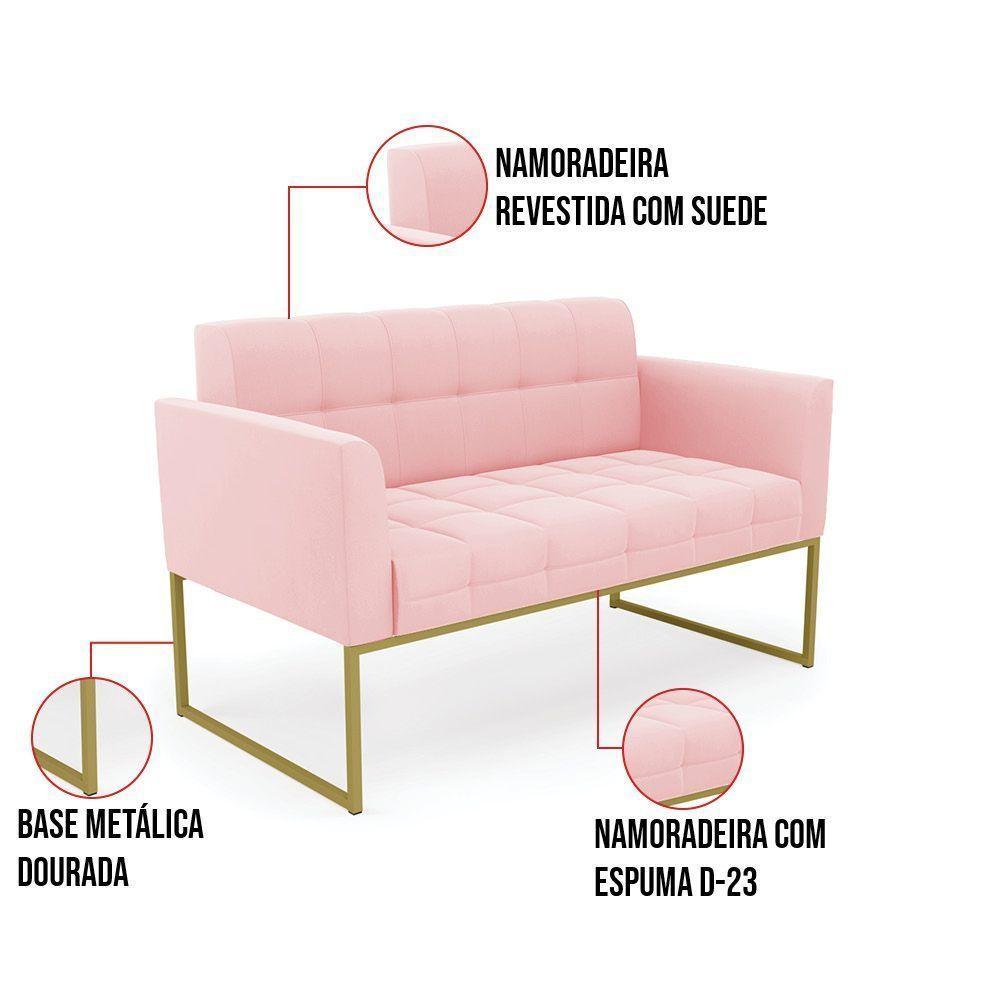 Kit 1 Sofá Namoradeira E 2 Poltronas Elisa Suede Rosa Bebê Base Metálica Industrial Dourada D'rossi - 4