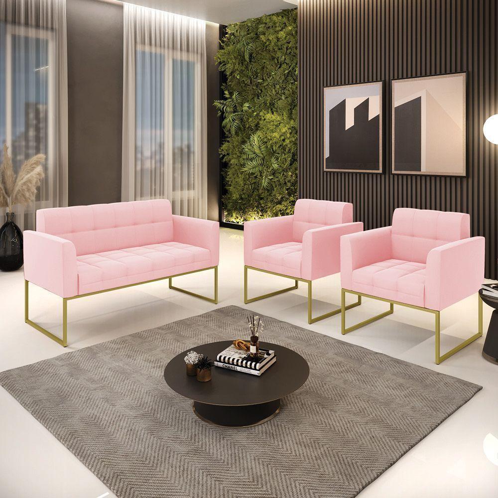 Kit 1 Sofá Namoradeira E 2 Poltronas Elisa Suede Rosa Bebê Base Metálica Industrial Dourada D'rossi - 5