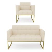 Kit 1 Sofá Namoradeira E 1 Poltrona Elisa Linho Bege A19 Base Metálica Industrial Dourada - D'rossi - 1