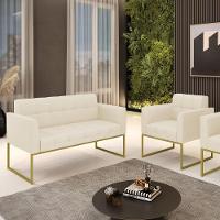 Kit 1 Sofá Namoradeira E 1 Poltrona Elisa Linho Bege A19 Base Metálica Industrial Dourada - D'rossi - 2