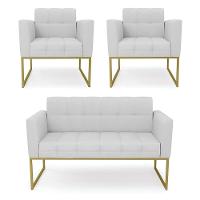 Kit 1 Sofá Namoradeira E 2 Poltronas Elisa Linho Base Metálica Industrial Dourada Cor A05 Cinza - 1
