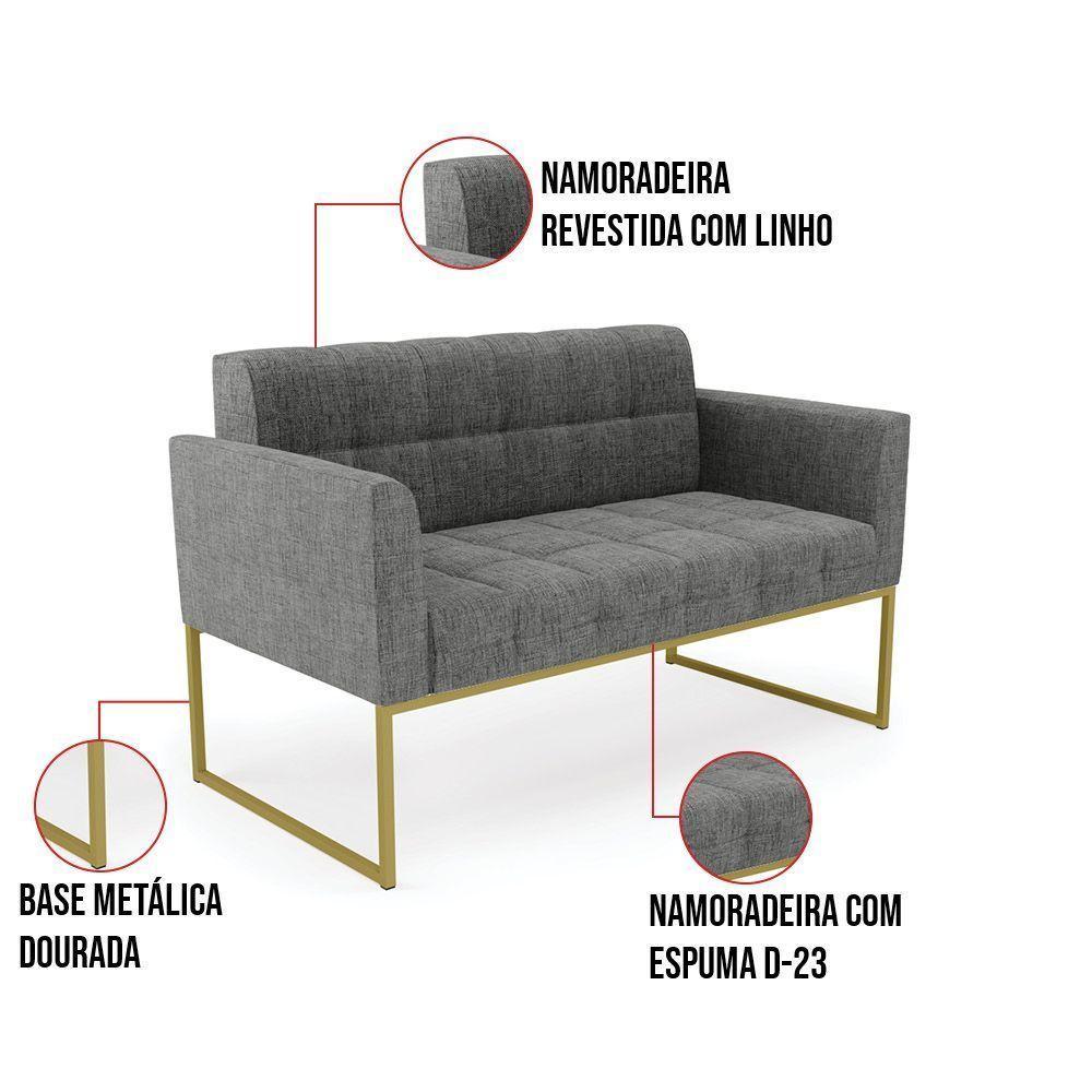 Kit 1 Sofá Namoradeira E 1 Poltrona Elisa Linho Base Metálica Industrial Dourada - Cor A26 Grafite - 5