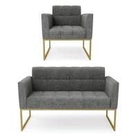 Kit 1 Sofá Namoradeira E 1 Poltrona Elisa Linho Base Metálica Industrial Dourada - Cor A26 Grafite - 1