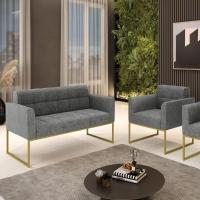 Kit 1 Sofá Namoradeira E 1 Poltrona Elisa Linho Base Metálica Industrial Dourada - Cor A26 Grafite - 7