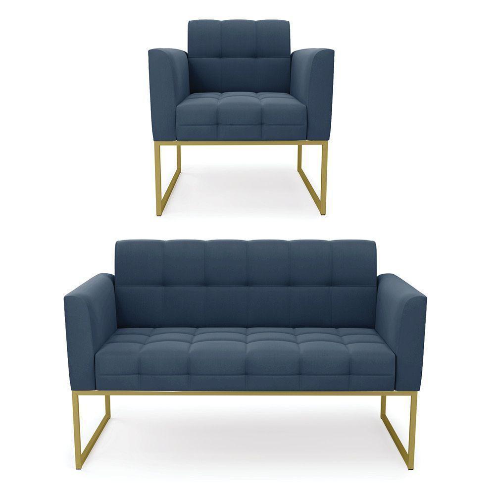 Kit 1 Sofá Namoradeira E 1 Poltrona Elisa Suede Azul Marinho Base Metálica Industrial Dourada - - 1