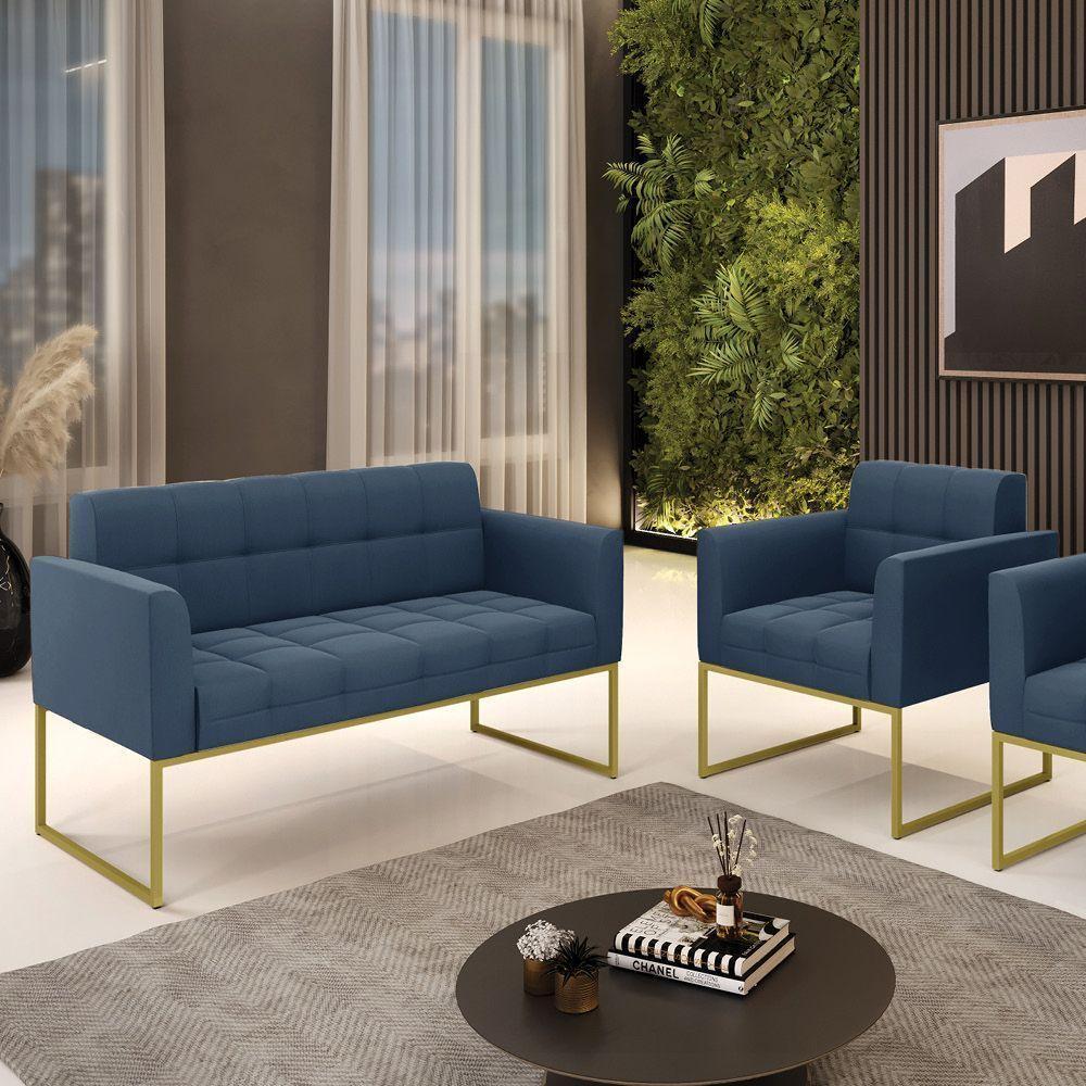 Kit 1 Sofá Namoradeira E 1 Poltrona Elisa Suede Azul Marinho Base Metálica Industrial Dourada - - 4