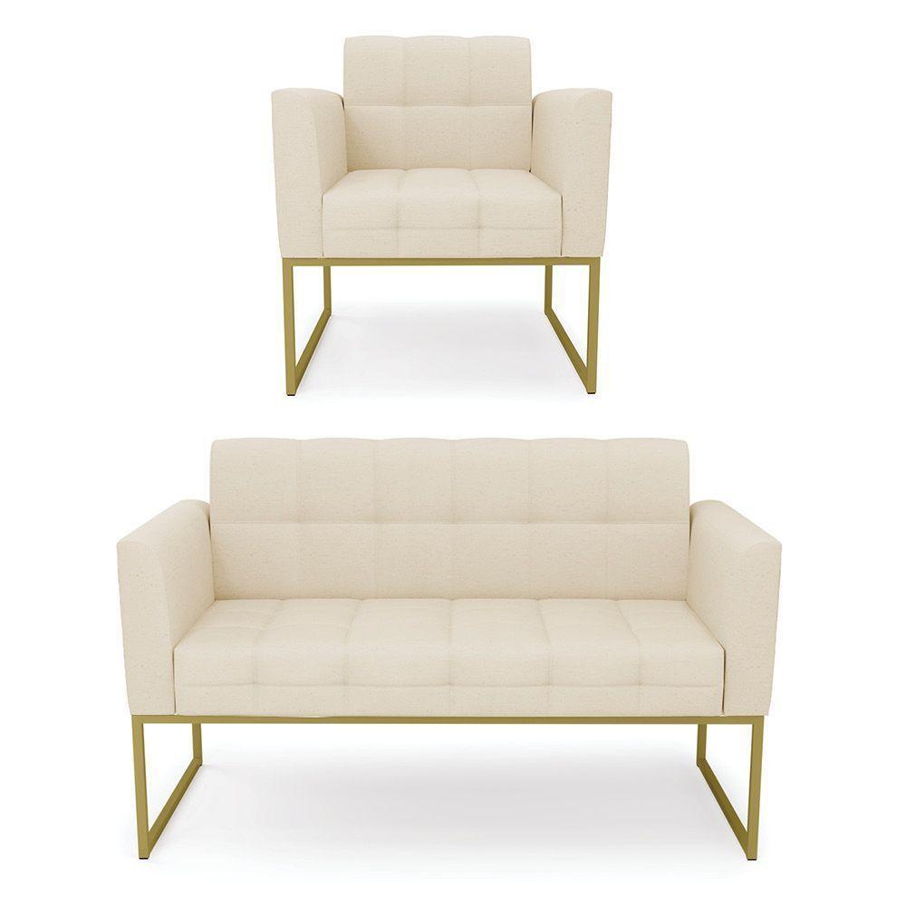 Kit 1 Sofá Namoradeira E 1 Poltrona Elisa Linho Base Metálica Industrial Dourada - Cor A19 Bege - 1