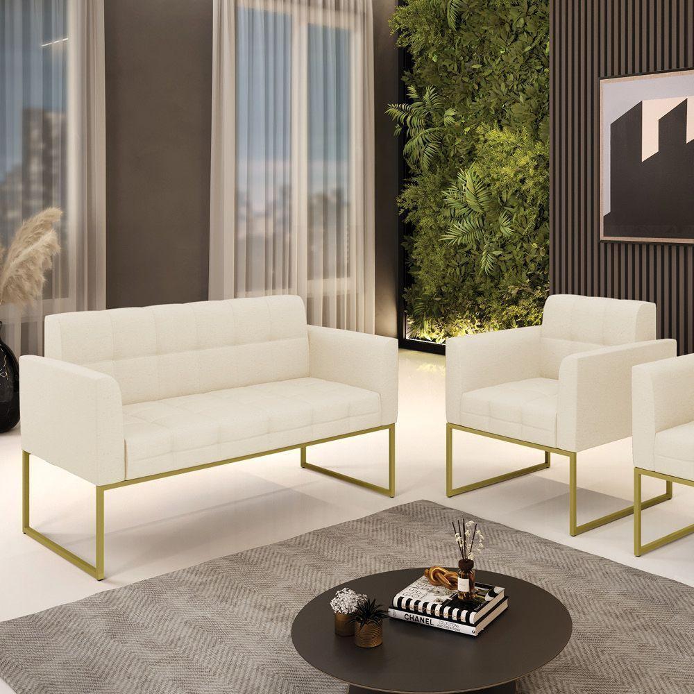 Kit 1 Sofá Namoradeira E 1 Poltrona Elisa Linho Base Metálica Industrial Dourada - Cor A19 Bege - 3