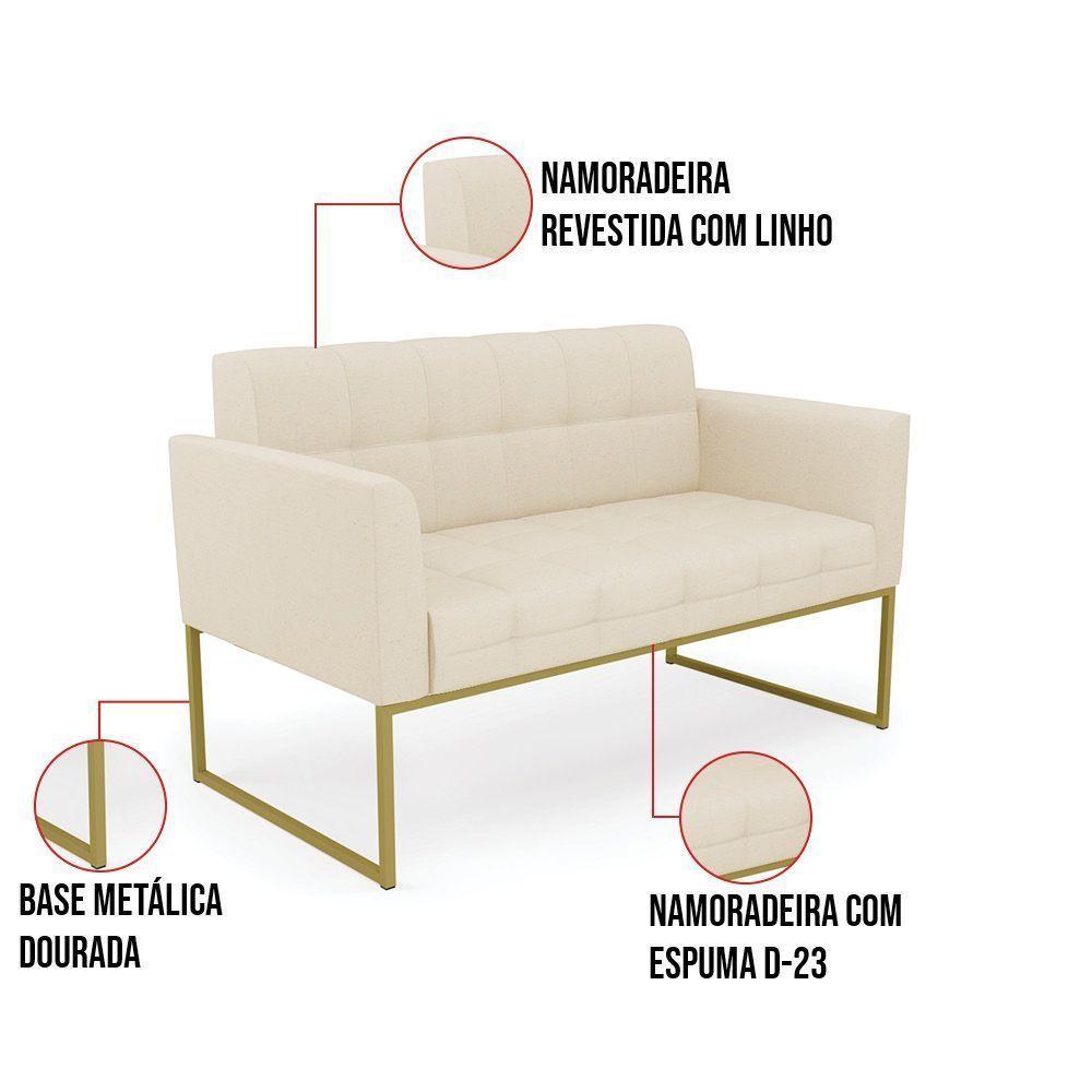 Kit 1 Sofá Namoradeira E 1 Poltrona Elisa Linho Base Metálica Industrial Dourada - Cor A19 Bege - 7