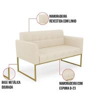 Kit 1 Sofá Namoradeira E 1 Poltrona Elisa Linho Base Metálica Industrial Dourada - Cor A19 Bege - 7