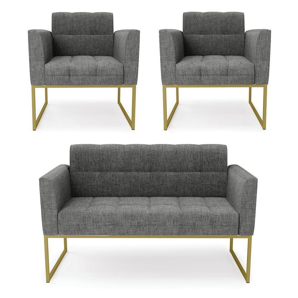 Kit 1 Sofá Namoradeira E 2 Poltronas Elisa Linho Grafite A26 Base Metálica Industrial Dourada - 1