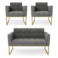 Kit 1 Sofá Namoradeira E 2 Poltronas Elisa Linho Grafite A26 Base Metálica Industrial Dourada - 1