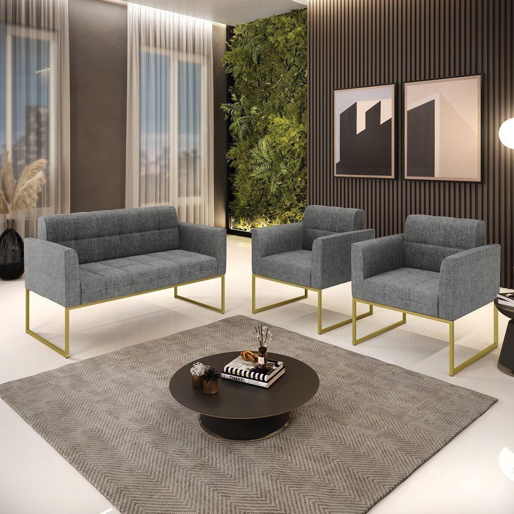 Kit 1 Sofá Namoradeira E 2 Poltronas Elisa Linho Base Metálica Industrial Dourada Cor A26 Grafite - 3