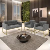 Kit 1 Sofá Namoradeira E 2 Poltronas Elisa Linho Base Metálica Industrial Dourada Cor A26 Grafite - 3