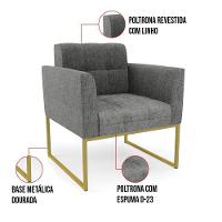 Kit 1 Sofá Namoradeira E 2 Poltronas Elisa Linho Base Metálica Industrial Dourada Cor A26 Grafite